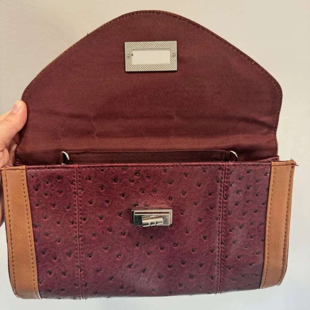 Apt. 9 Clutch Ostrich Embossed Burgundy Tan Vegan Leather Silver Chain Bag Y2K